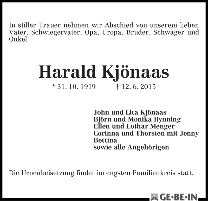 Traueranzeige von Harald Kjönaas von WESER-KURIER