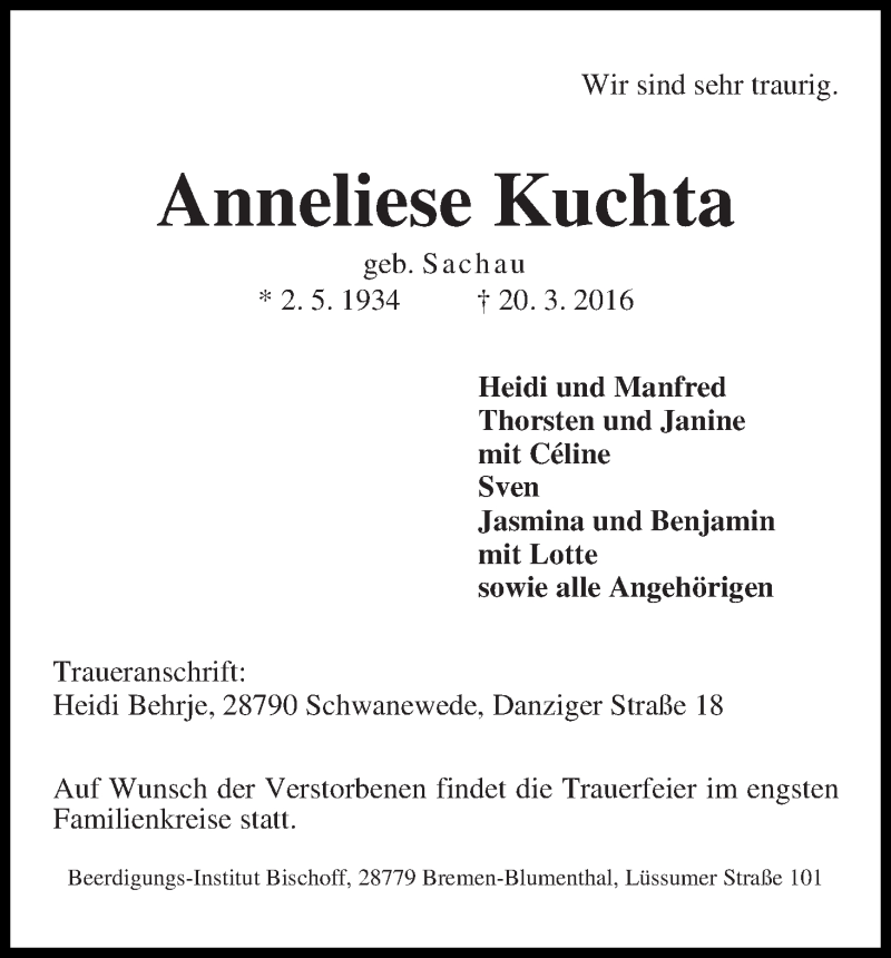 Traueranzeige von Anneliese Kuchta von Die Norddeutsche
