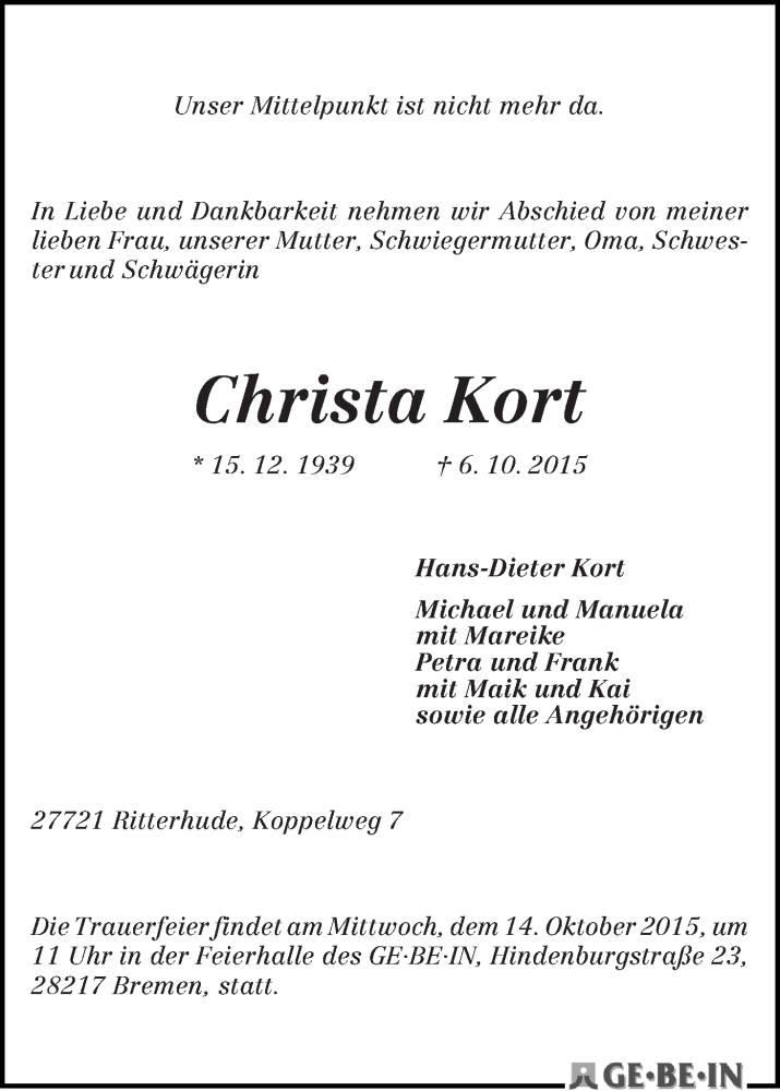 Traueranzeige von Christa Kort von Die Norddeutsche
