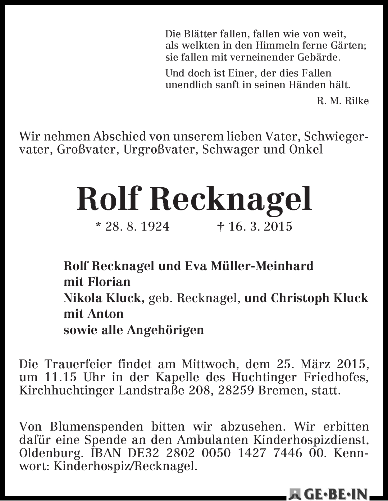 Traueranzeige von Rolf  Recknagel von WESER-KURIER