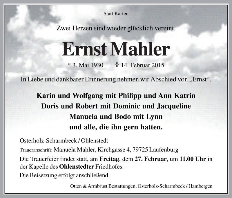 Traueranzeige von Ernst Mahler von Osterholzer Kreisblatt