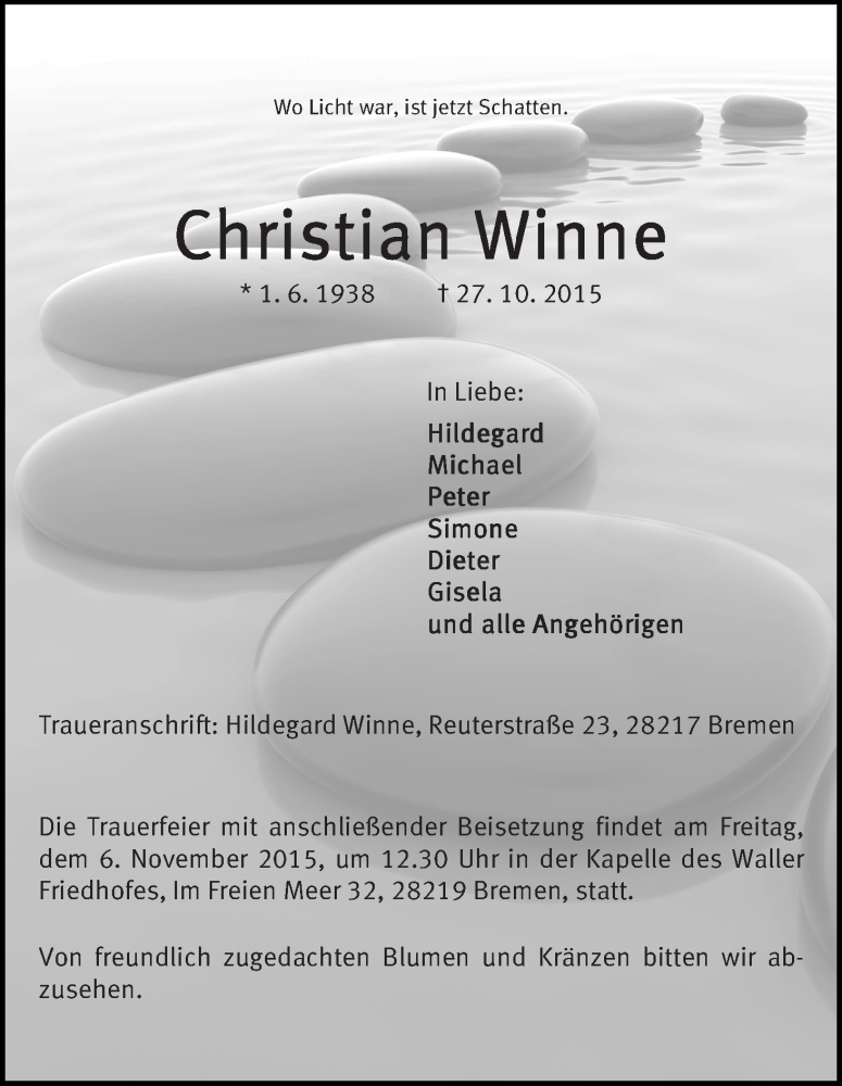 Traueranzeige von Christian Winne von WESER-KURIER