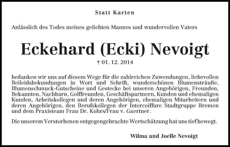 Traueranzeige von Eckehard (Ecki) Nevoigt von WESER-KURIER