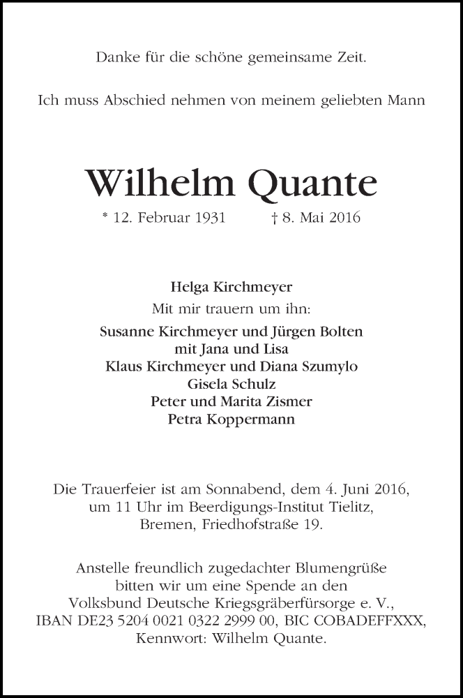 Traueranzeige von Wilhelm Quante von WESER-KURIER