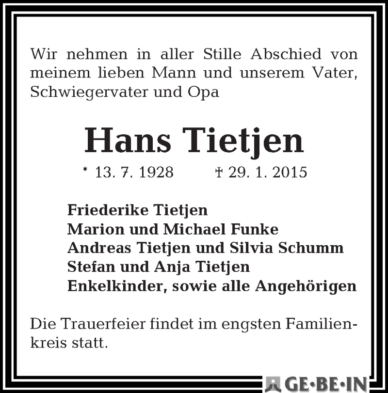 Traueranzeige von Hans Tietjen von WESER-KURIER