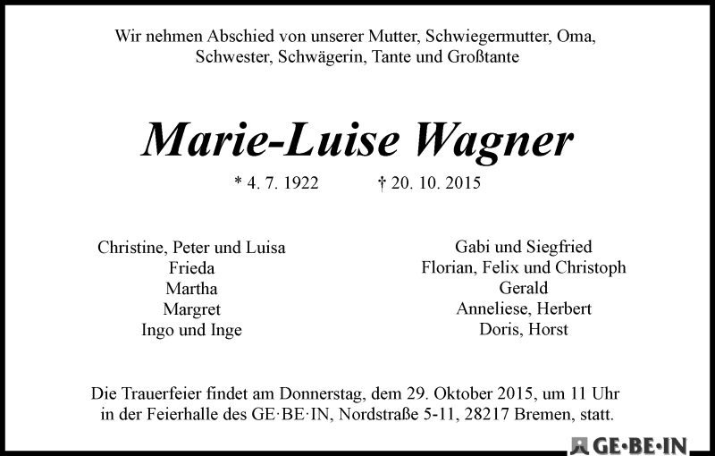 Traueranzeige von Marie-Luise Wagner von WESER-KURIER