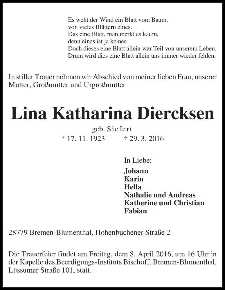 Traueranzeige von Lina Katharina Diercksen von Die Norddeutsche