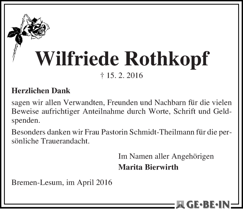 Traueranzeige von Wilfriede Rothkopf von Die Norddeutsche