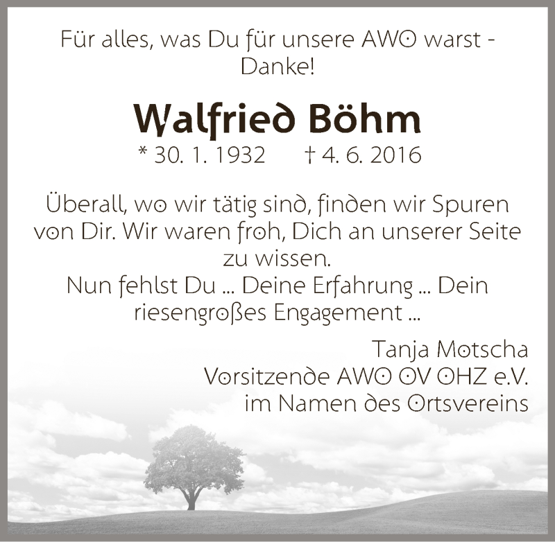 Traueranzeige von Walfried Böhm von Osterholzer Kreisblatt