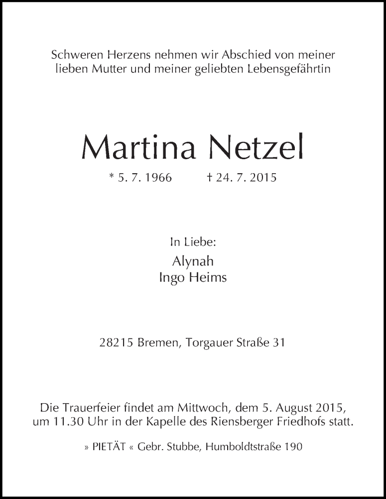  Traueranzeige für Martina Netzel vom 01.08.2015 aus WESER-KURIER