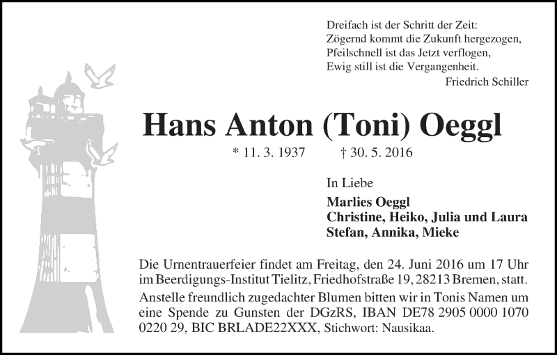 Traueranzeige von Hans Anton (Toni) Oeggl von WESER-KURIER