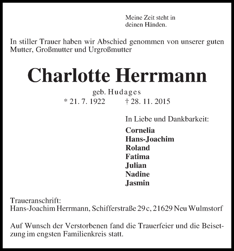 Traueranzeige von Charlotte Herrmann von WESER-KURIER