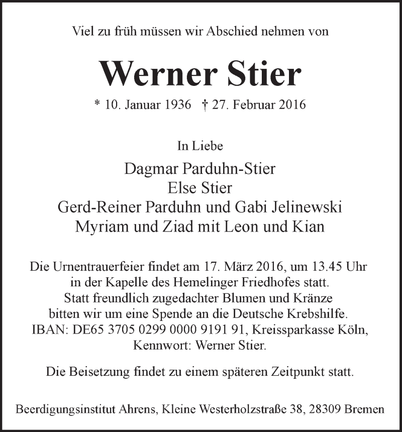 Traueranzeige von Werner Stier von WESER-KURIER