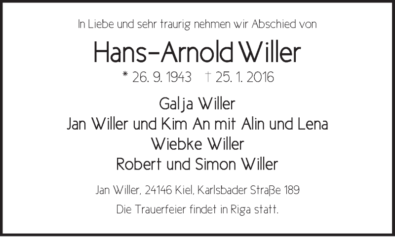  Traueranzeige für Hans-Arnold Willer vom 29.01.2016 aus WESER-KURIER