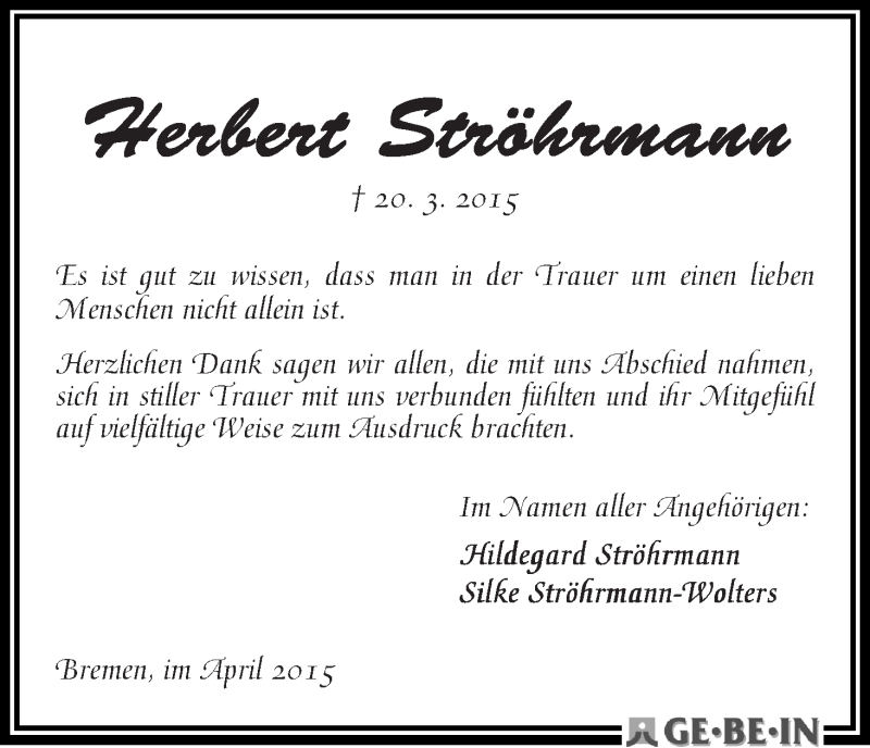 Traueranzeige von Herbert Ströhrmann von WESER-KURIER
