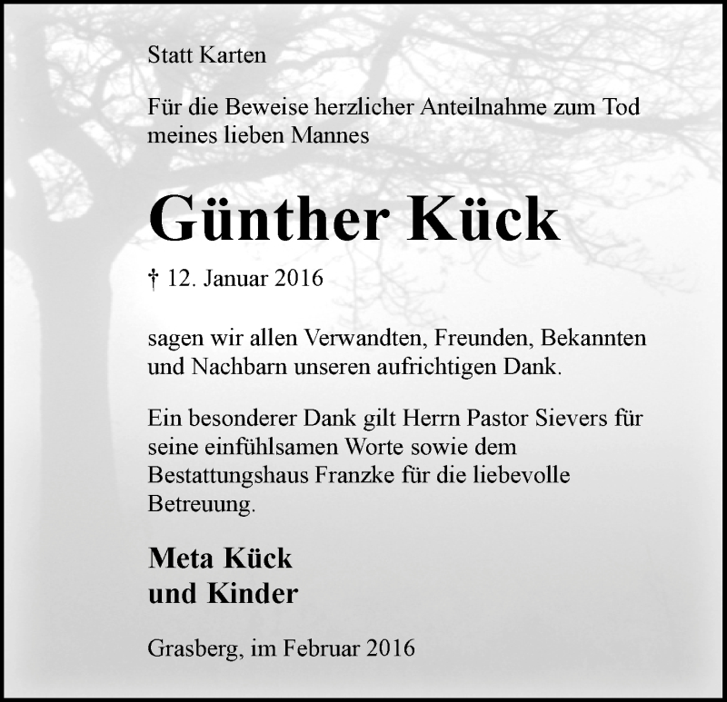 Traueranzeige von Günter Kück von Wuemme Zeitung