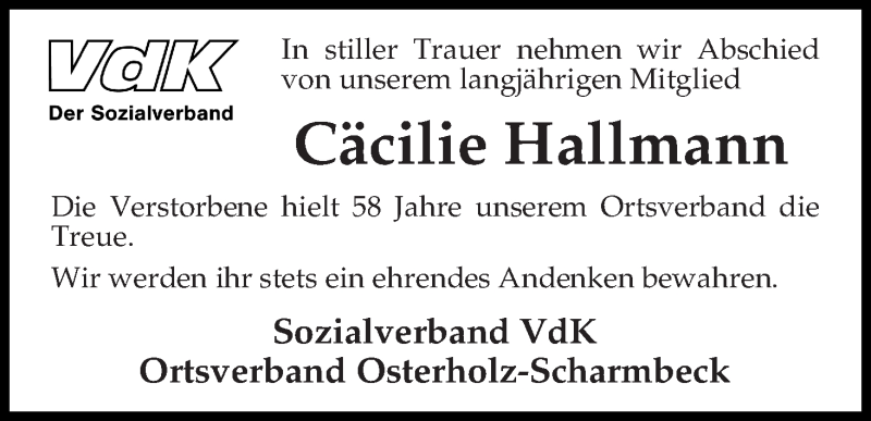 Traueranzeige von Cäcilie Hallmann von Osterholzer Kreisblatt