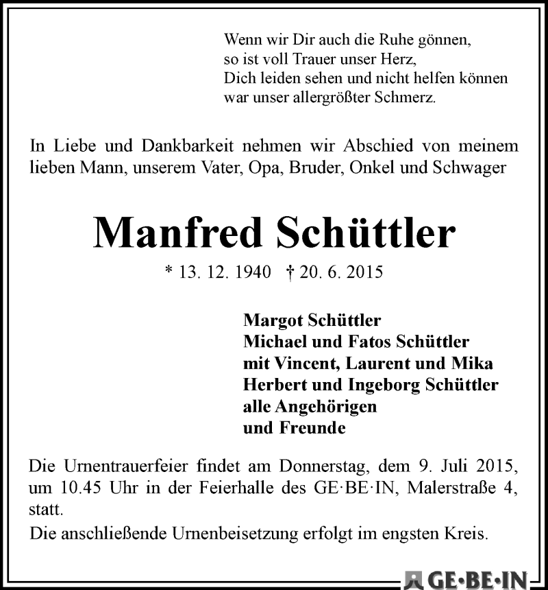 Traueranzeige von Manfred Schüttler von WESER-KURIER