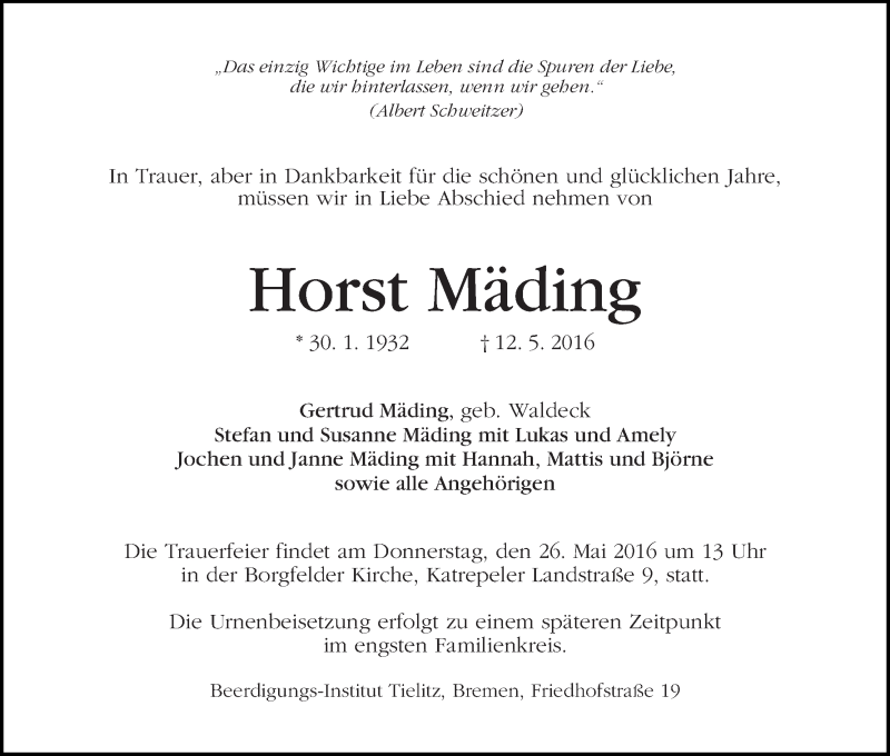 Traueranzeige von Horst Mäding von WESER-KURIER