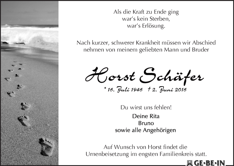 Traueranzeige von Horst Schäfer von WESER-KURIER