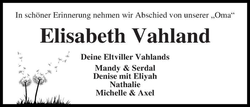 Traueranzeige von Elisabeth Vahland von WESER-KURIER