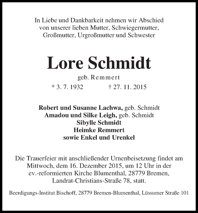 Traueranzeige von Lore Schmidt von Die Norddeutsche