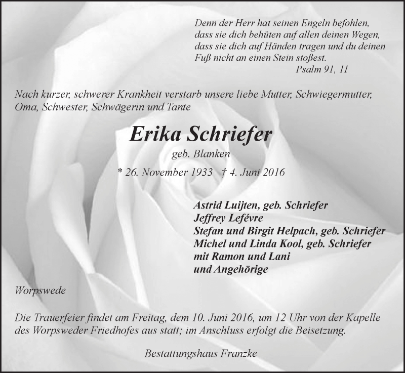 Traueranzeige von Erika Schriefer von Wuemme Zeitung