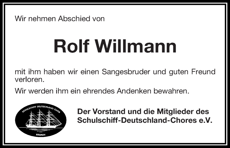 Traueranzeige von Rolf Willmann von Die Norddeutsche