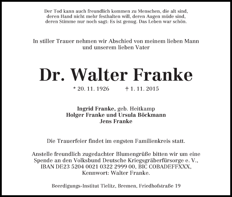  Traueranzeige für Walter Franke vom 07.11.2015 aus WESER-KURIER