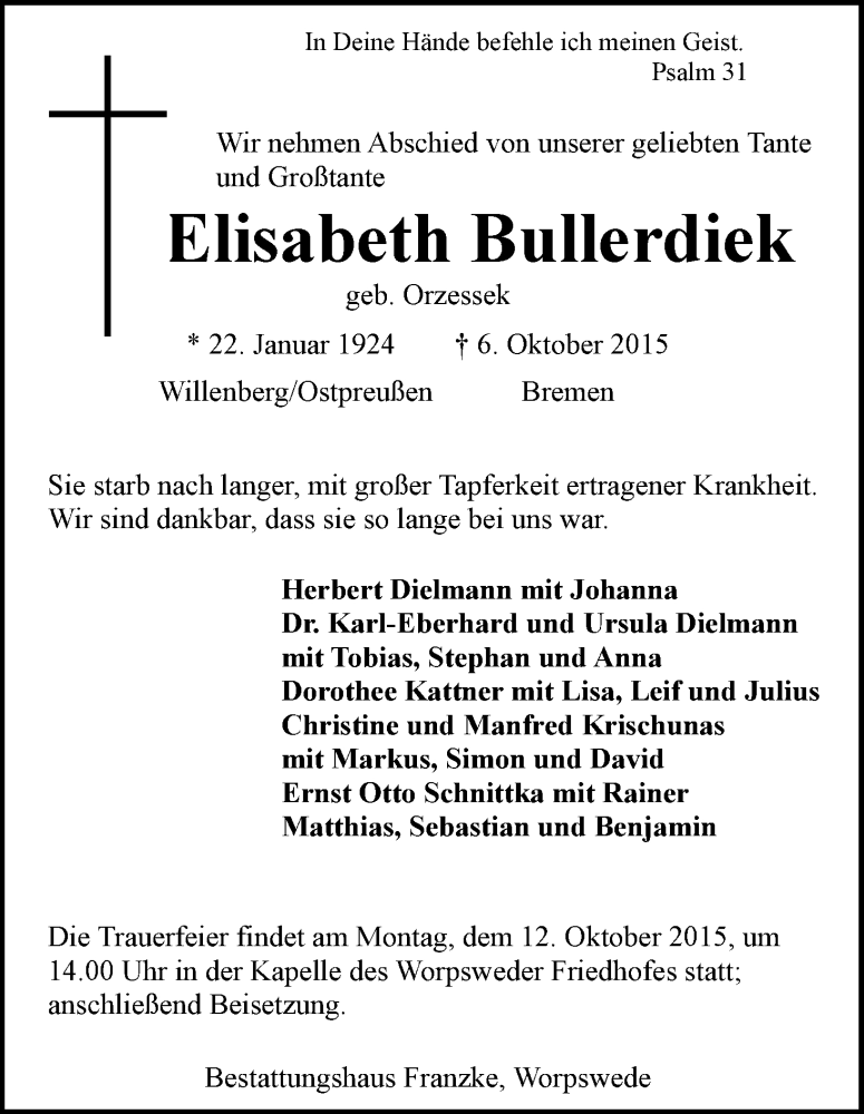 Traueranzeige von Elisabeth Bullerdiek von WESER-KURIER