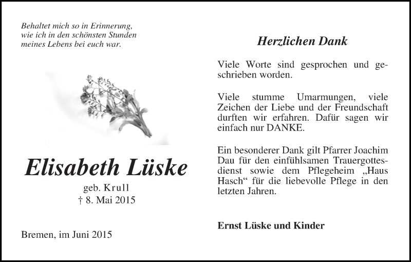 Traueranzeige von Elisabeth Lüske von WESER-KURIER