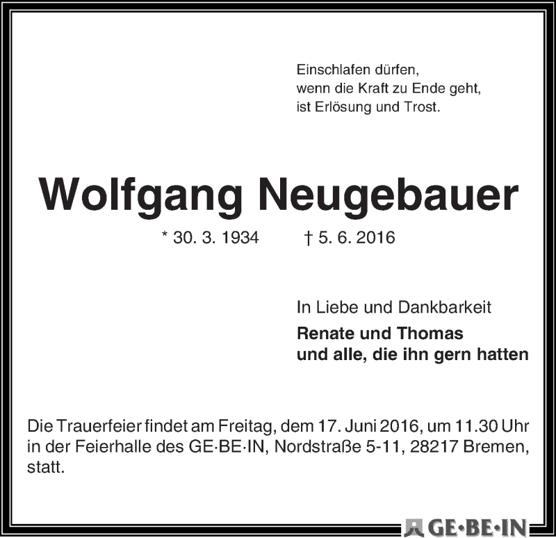 Traueranzeige von Wolfgang Neugebauer von WESER-KURIER