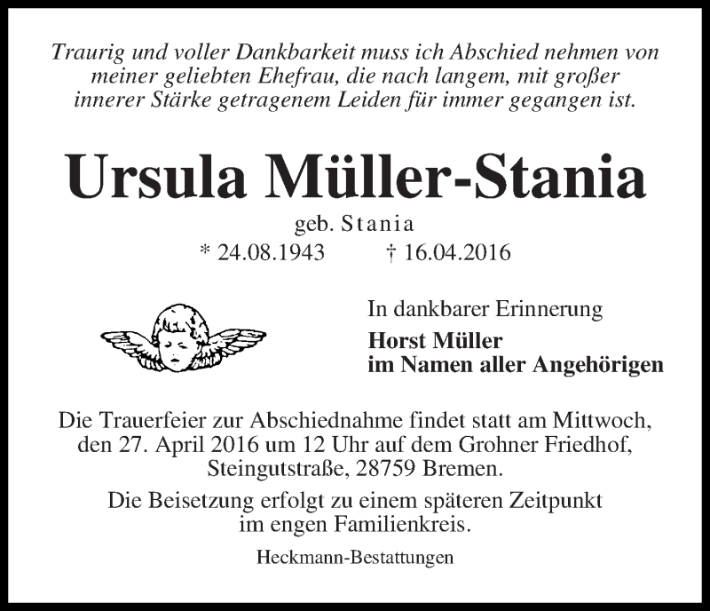Traueranzeige von Ursula Müller-Stania von Osterholzer Kreisblatt