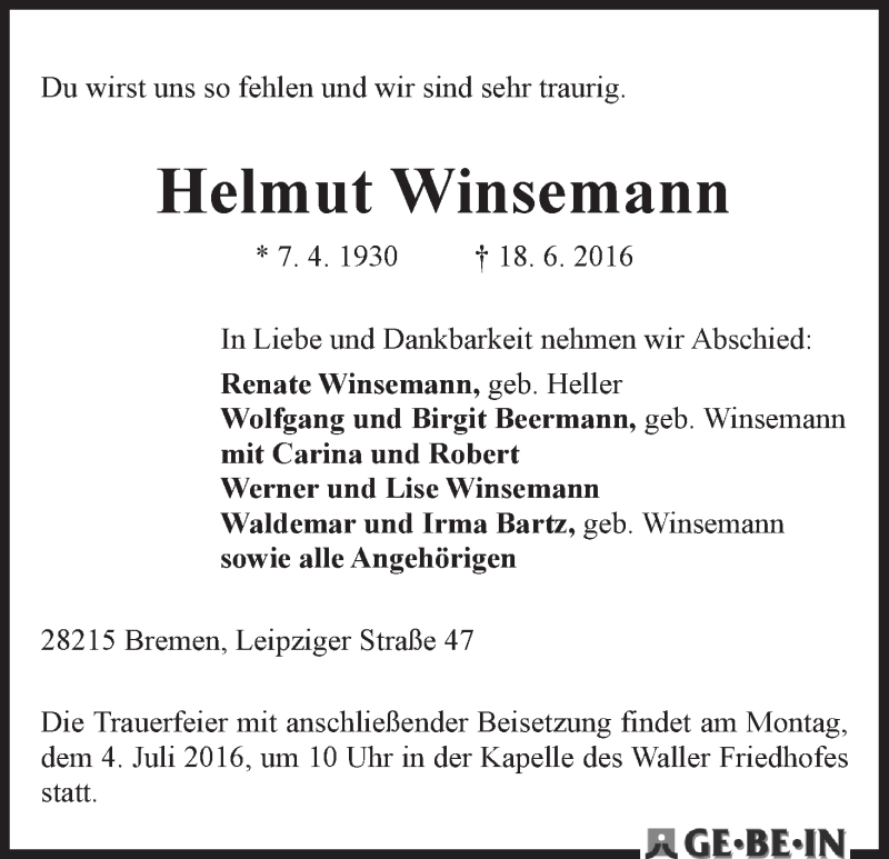 Traueranzeige von Helmut Winsemann von WESER-KURIER