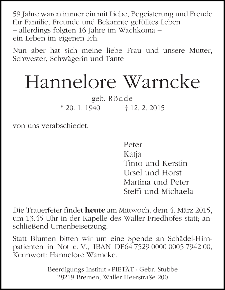 Traueranzeige von Hannelore Warncke von WESER-KURIER