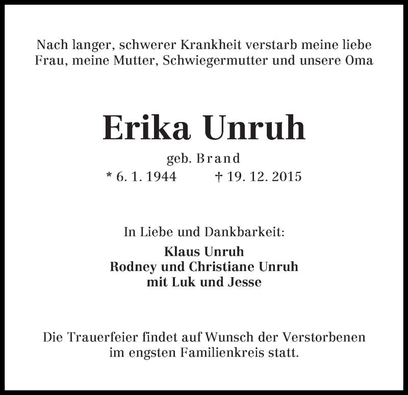 Traueranzeige von Erika Unruh von Die Norddeutsche