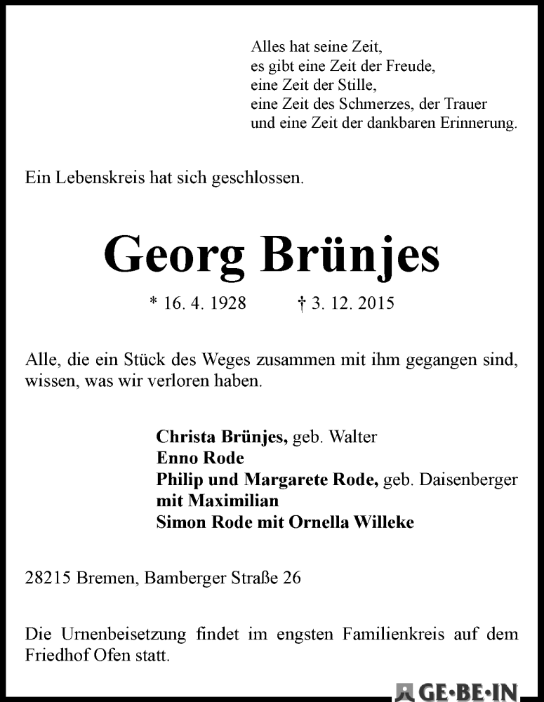 Traueranzeige von Georg Brünjes von WESER-KURIER