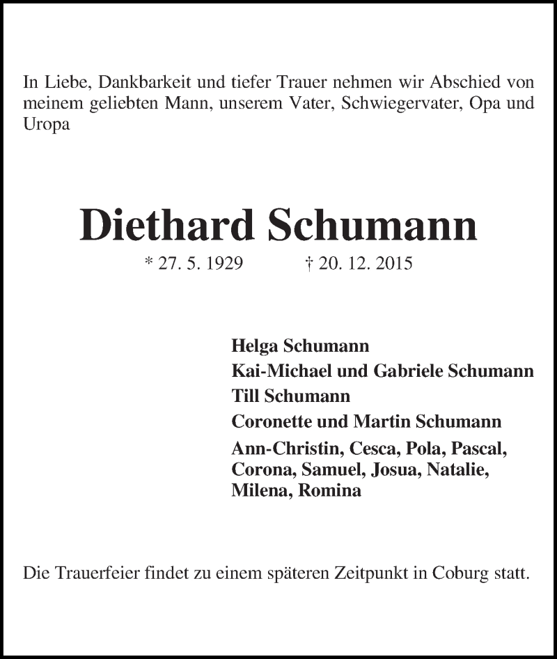 Traueranzeige von Diethard Schumann von WESER-KURIER