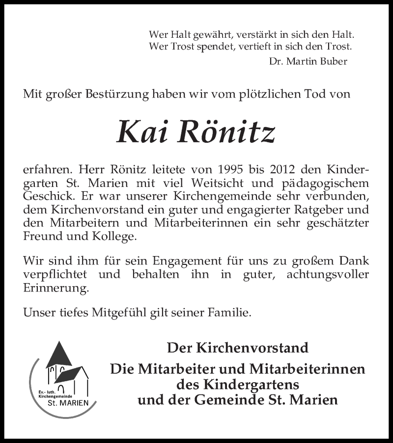 Traueranzeige von Kai Rönitz von Osterholzer Kreisblatt
