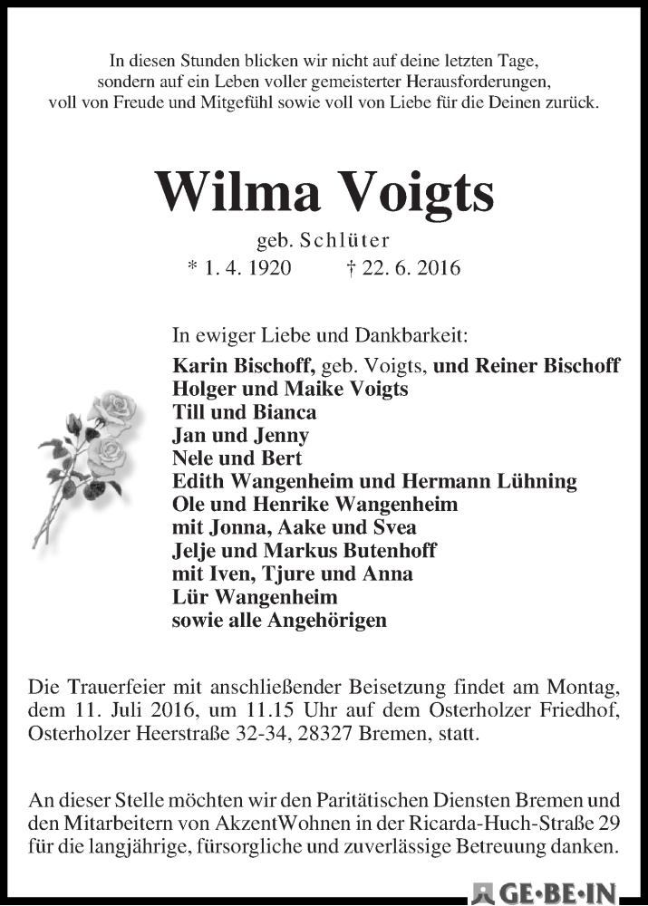 Traueranzeige von Wilma Voigts von WESER-KURIER