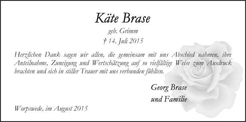 Traueranzeige von Käte Brase von Wuemme Zeitung