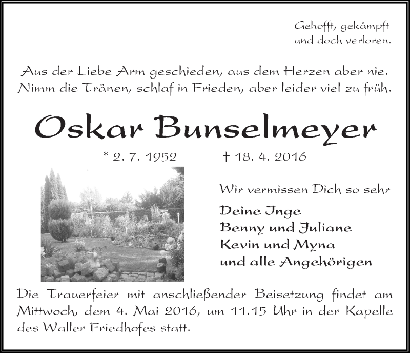  Traueranzeige für Oskar Bunselmeyer vom 27.04.2016 aus WESER-KURIER