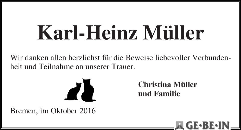 Traueranzeige von Karl-Heinz Müller von WESER-KURIER