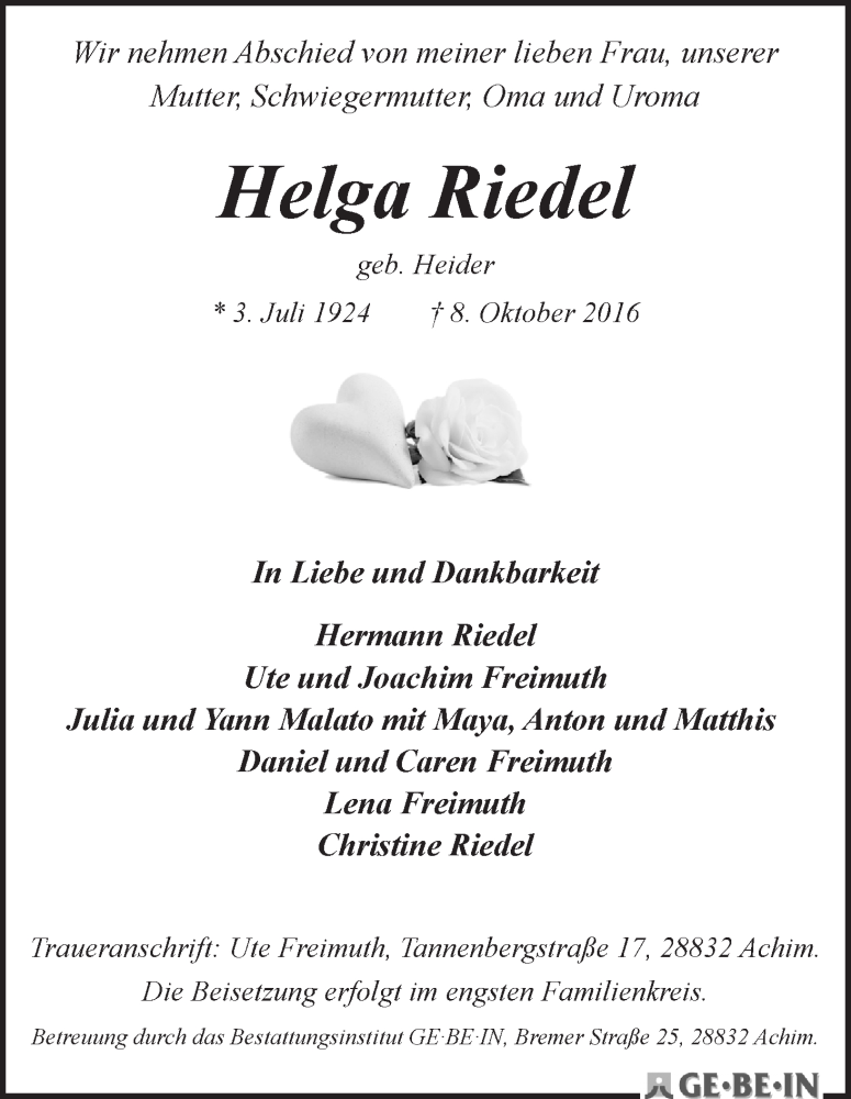 Traueranzeige von Helga Riedel von WESER-KURIER