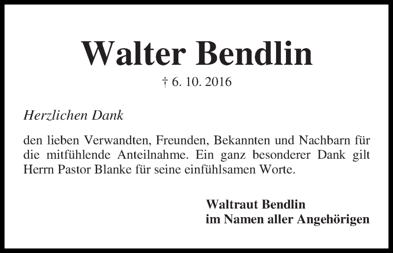 Traueranzeige von Walter Bendlin von WESER-KURIER