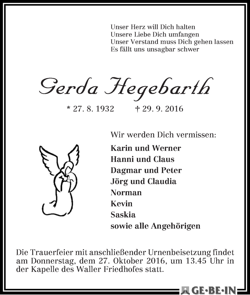Traueranzeige von Gerda Hegebarth von WESER-KURIER