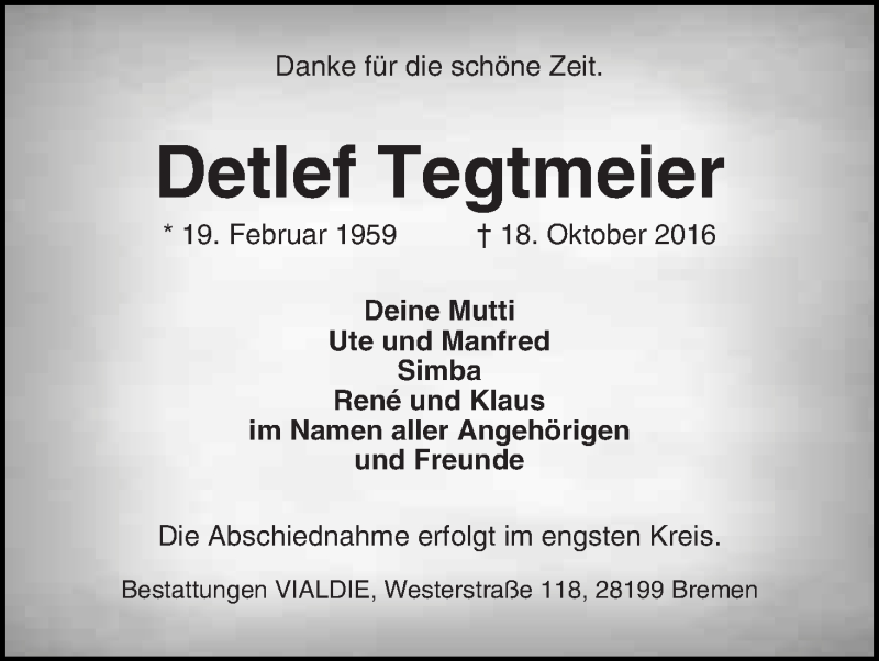  Traueranzeige für Detlef Tegtmeier vom 22.10.2016 aus WESER-KURIER