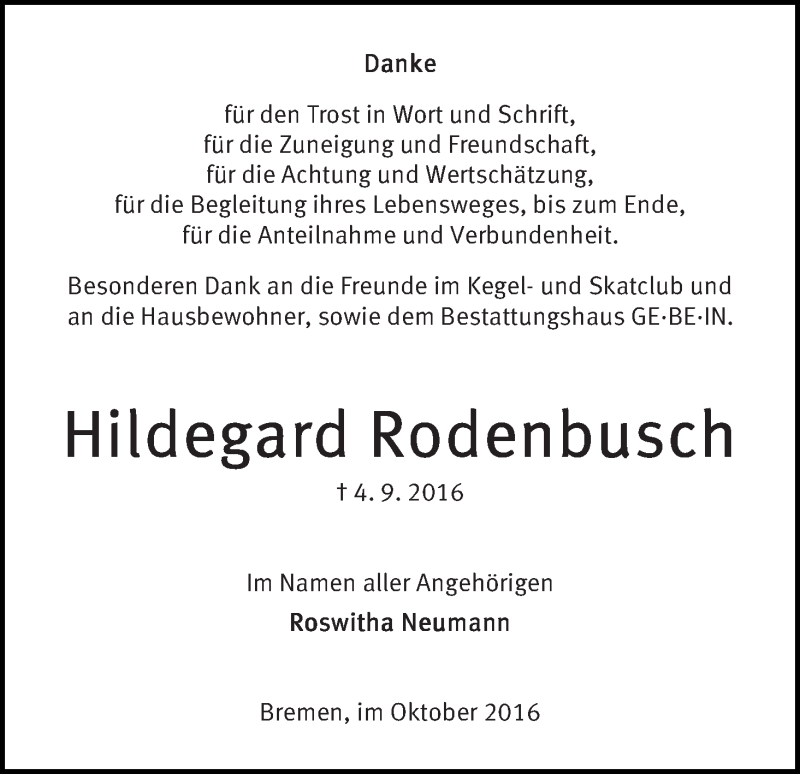 Traueranzeige von Hildegard Rodenbusch von WESER-KURIER