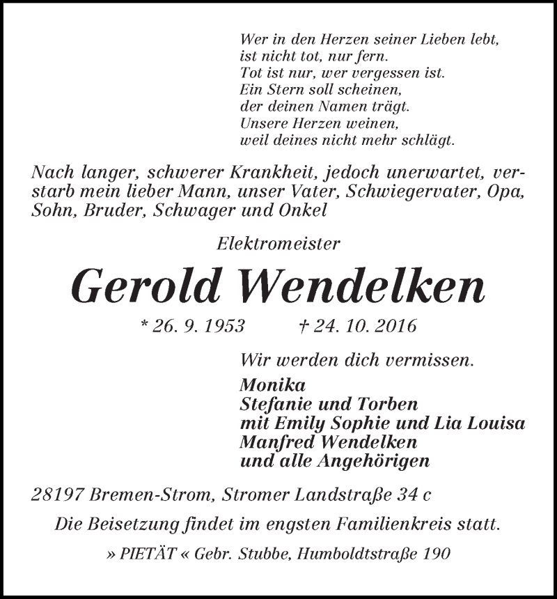 Traueranzeige von Gerold Wendelken von WESER-KURIER