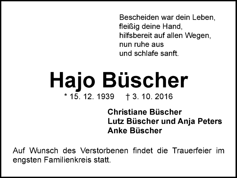 Traueranzeige von Hajo Büscher von WESER-KURIER